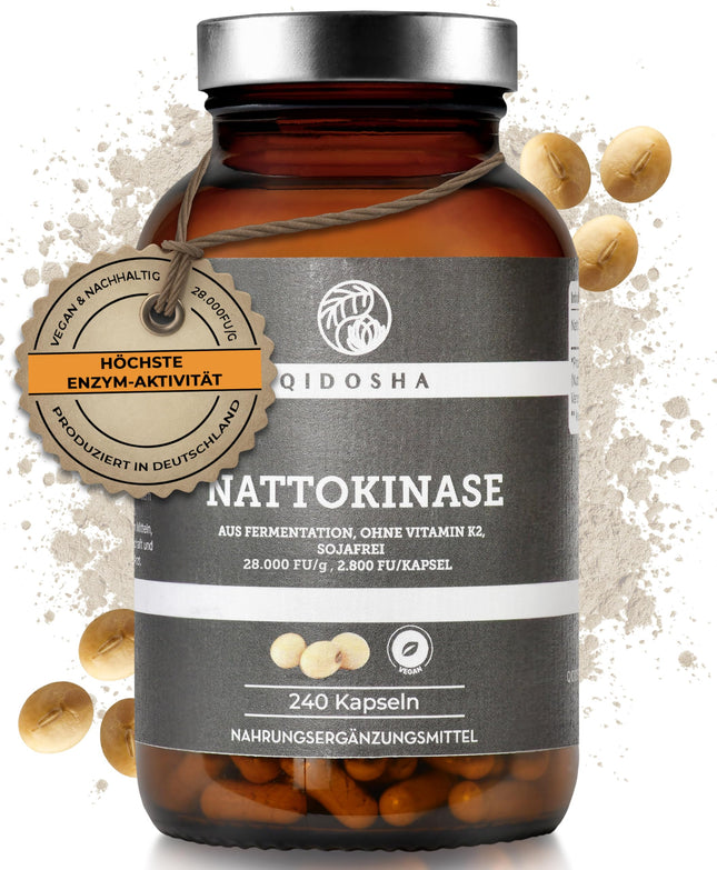 QIDOSHA® nāttokināzes kapsulas, augsta deva, visaugstākā enzīmu aktivitāte ar 28000 FU/g, 240 kapsulas stikla burkā, vegānas, bez K2 vitamīna, gala produkts bez sojas
