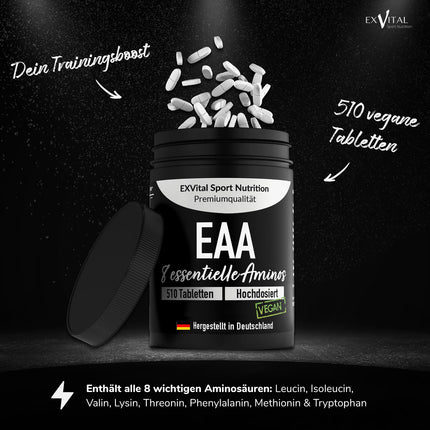 EXVital EAA tabletes ar 1036 mg vienā tabletē - 510 tabletes, visas 8 neaizvietojamās aminoskābes EAA - Multi Amino augsta deva - Vegāns - iepildīts Vācijā - bez piedevām