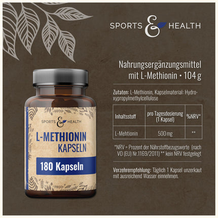 L-metionīna kapsulas - 500 mg dienā - 180 kapsulas - vegāns - bez piedevām