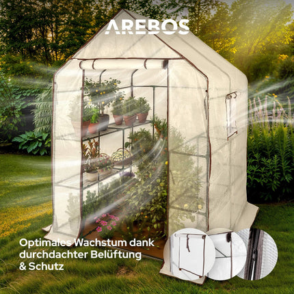 Arebos Premium tuneļa tipa siltumnīca ar 3 līmeņiem - 143 x 143 x 195 cm siltumnīca ar plauktiem un ventilācijas logu - vietu taupoša, augstas kvalitātes pavairošanas māja dārzam balkonam stallis