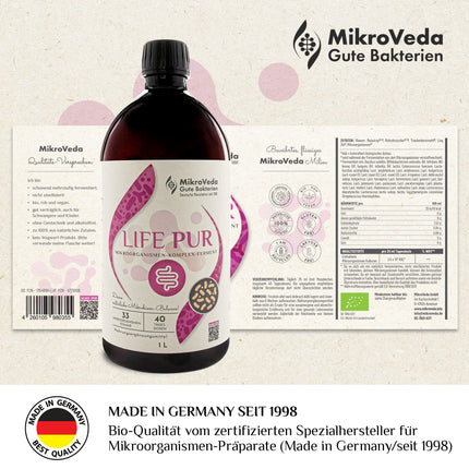 MikroVeda Life PUR 1l, bioloģiskais fermentu dzēriens, 33 baktēriju celmi, superaktivēts, ļoti pieejams šūnām, bioloģiski pieejams, vegāns, neapstrādāts, sertificēts ražotājs