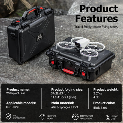 Pārnēsājams, ūdensizturīgs cietais futrālis DJI Flip Fly More Combo dronam, kurā var ievietot 7 akumulatorus, RC2/RC-N3 tālvadības pulti, uzlādes staciju, 65 W lādētāju, FLip dronu un citus piederumus.