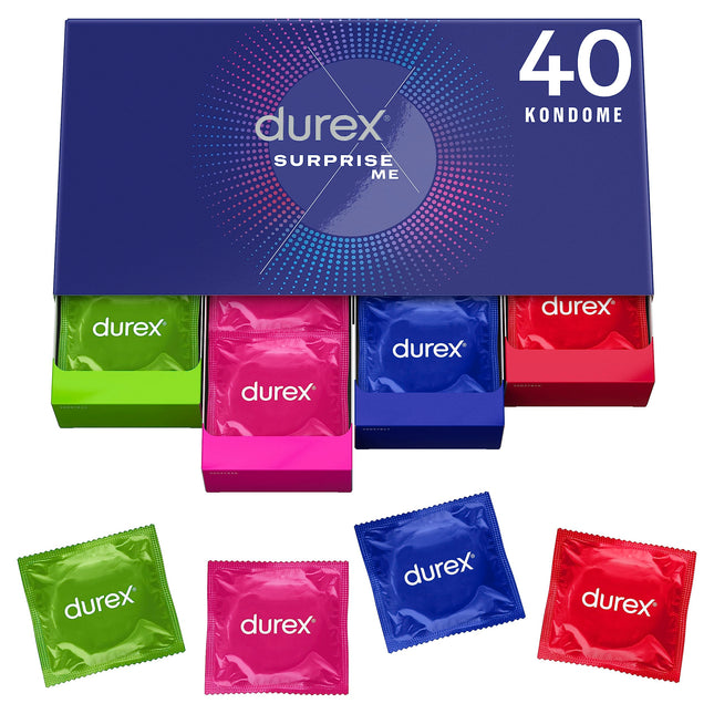 Durex Surprise Me prezervatīvi stilīgā kastītē — īpaši daudzveidīgi, praktiski un diskrēti iepakoti — uzticamai aizsardzībai ar patīkamu aromātu — lielapjoma iepakojums — 40 gab. (1 x 40 gab.)