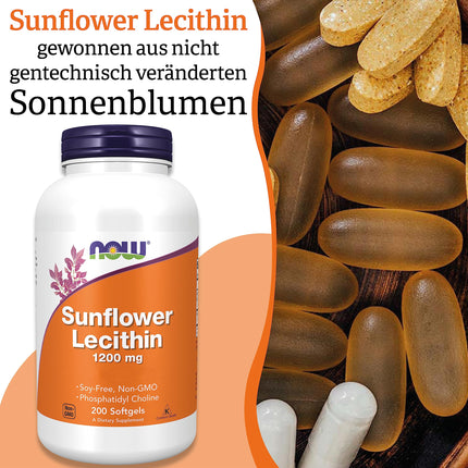 Now Foods, saulespuķu lecitīns, 1200 mg, 200 mīkstās kapsulas, laboratoriski pārbaudītas, bez glutēna, bez sojas