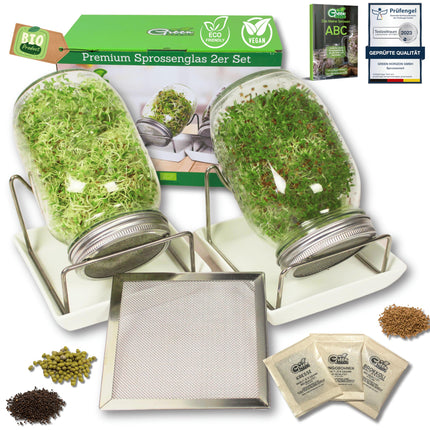 Green SEEDS® [Oriģinālais dīgšanas burku komplekts (2 gab.) + kressalātu siets + 3 x sēklu komplekts ar augstas kvalitātes nerūsējošā tērauda vāku, statīvu, keramikas bļodu + dīgšanas ABC [Drukātas versijas] Dīgšanas burku kultivēšanas komplekts