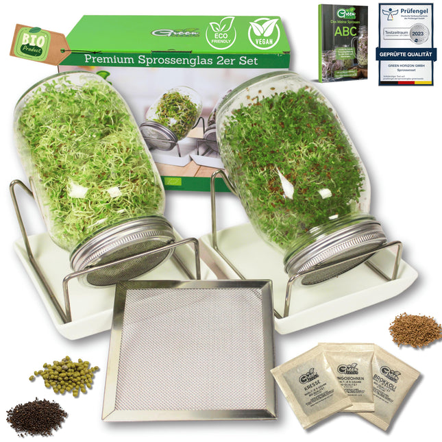 Green SEEDS® [Oriģinālais dīgšanas burku komplekts (2 gab.) + kressalātu siets + 3 x sēklu komplekts ar augstas kvalitātes nerūsējošā tērauda vāku, statīvu, keramikas bļodu + dīgšanas ABC [Drukātas versijas] Dīgšanas burku kultivēšanas komplekts