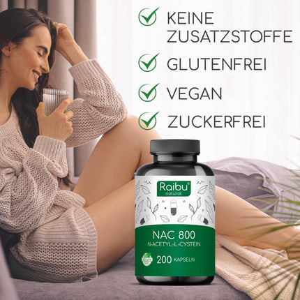 Raibu NAC 800 kapsulas ar augstu devu (200 kapsulas x 800 mg) | NAC acetil-L-cisteīns vislabākajā kvalitātē bez piedevām, ražots Vācijā