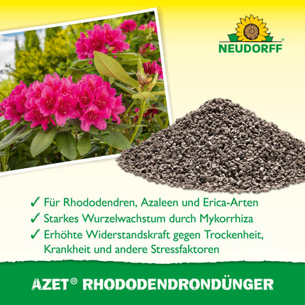 Neudorff Azet rododendru mēslojums – organiskais rododendru mēslojums ar mikorizu nodrošina krāsainus un krāšņus ziedus ar 3 mēnešu ilgtermiņa efektu, 1 kg