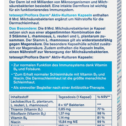 tetesept Proflora zarnu aktīvo kultūru kapsulas – 4 x 24 kapsulas – uztura bagātinātājs ar 8 miljardiem pienskābes baktēriju, vitamīniem un inulīnu – liels iepakojums
