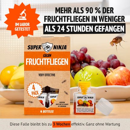 Super Ninja augļu mušu slazds iekštelpām – 4 iepakojums, efektīvs augļu mušu slazds mājām un virtuvei, līdz 3 nedēļām ilga darbība ar vienu pudeli, piemērots bērniem un mājdzīvniekiem