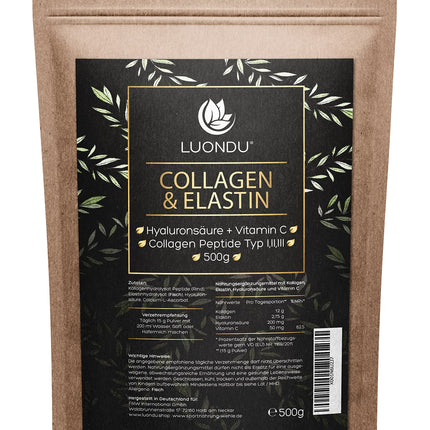 Luondu® kolagēna pulveris ar elastīnu, hialuronskābi un C vitamīnu - bioaktīvi kolagēna hidrolizāta peptīdi I, II un III tipi - optimāla šķīdība un biopieejamība - neitrāls - 500 g