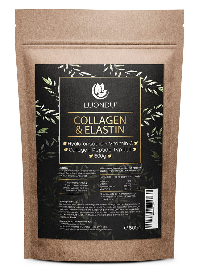 Luondu® kolagēna pulveris ar elastīnu, hialuronskābi un C vitamīnu - bioaktīvi kolagēna hidrolizāta peptīdi I, II un III tipi - optimāla šķīdība un biopieejamība - neitrāls - 500 g