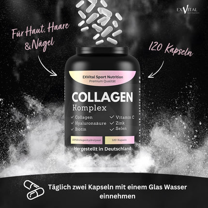 Kolagēna hialuronskābes komplekss, 120 kolagēna kapsulas no ar zāli barotas liellopu gaļas, bagātināts ar biotīnu, C vitamīnu, B2 vitamīnu, cinku un selēnu, 1000 mg kolagēna hidrolizāta dienā