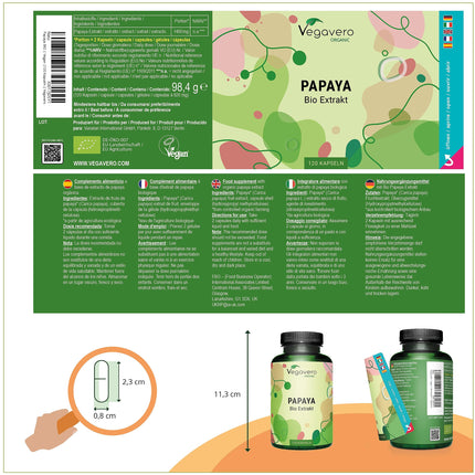 Organiskās papaijas kapsulas Vegavero® | Augsta deva: 1400 mg ekstrakta | 120 gabali | 100% bioloģisks | Vegāns un bez piedevām | Laboratorijā pārbaudīts