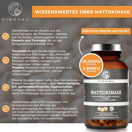 QIDOSHA® nāttokināzes kapsulas, augsta deva, visaugstākā enzīmu aktivitāte ar 28000 FU/g, 240 kapsulas stikla burkā, vegānas, bez K2 vitamīna, gala produkts bez sojas