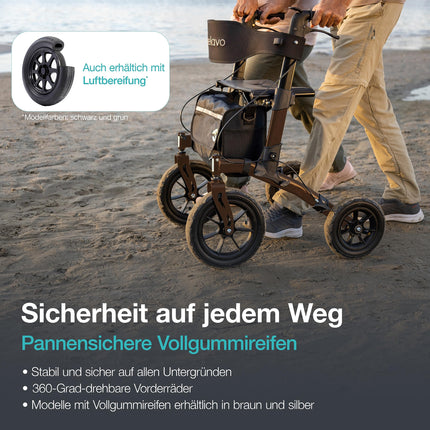 Helavo rollators ar necaurduramām cietgumijas riepām lietošanai ārpus telpām - salokāms alumīnija āra rollators ar sēdekli - maksimāla mobilitāte un komforts ārpus telpām