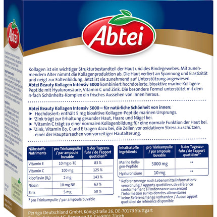 Abtei Beauty Collagen Intensive 5000 - mazāk redzamām grumbām - ar 5 g kolagēna peptīdu, hialuronskābi, cinku un C vitamīnu - bez cukura - 10 dzeršanas ampulas