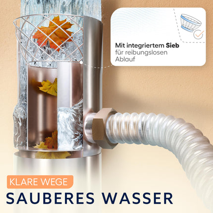 Lietus ūdens savācējs ar sietu notekcaurulēm 100mm | palielināta raža | nerūsējošais tērauds | Gara 0,5 m šļūtene + mucas savienojums | Notekcaurules lietus savācējs | Lietus savācējs notekcaurulei 100 lietus mucai - Three Oaks