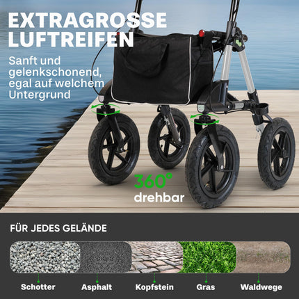 Āra rollators ar 30 cm pneimatiskajām riepām, sēdekļa un muguras siksnu ar noņemamu somu - augstumā regulējamiem ergonomiskiem rokturiem. Visurgājēju rollators, salokāms, izturīgs un viegls, izgatavots no alumīnija, pērļu baltā krāsā
