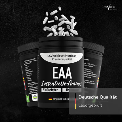 EXVital EAA tabletes ar 1036 mg vienā tabletē - 510 tabletes, visas 8 neaizvietojamās aminoskābes EAA - Multi Amino augsta deva - Vegāns - iepildīts Vācijā - bez piedevām