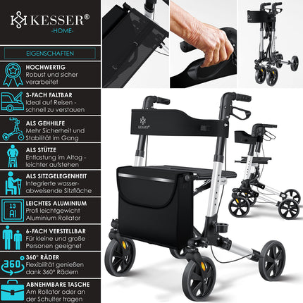 KESSER alumīnija rollatora komplekts, viegls ceļojumu rollators ar pilnu aprīkojumu, trīsvirzienu salokāms stumbram, ceļošanai un lidojumam, regulējams augstums, josta, spieķa turētājs, staigāšanas rāmis, staigāšanas palīglīdzeklis