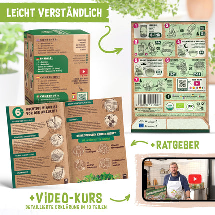zengreens® organisko asnu audzēšanas komplekts – dīgšanas burciņa (1, 2 vai 3 gab.) – komplektā ietilpst dīgšanas burciņa, audzēšanas paplāte un dīgšanas sēklas – iekļauts 50 lappušu biezs ceļvedis un 10 daļu tiešsaistes video kurss
