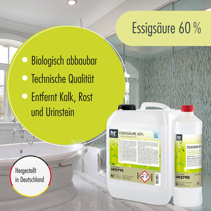 Höfer Chemie 10 l etiķskābe 60% - optimāls tīrīšanas un atkaļķotāja līdzeklis - augstākā kvalitāte, ražots Vācijā - svaigi iepildīts ērtā kannā