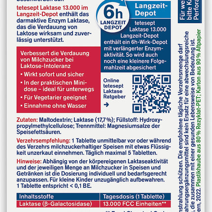 tetesept Lactase 13 000 – laktāzes tabletes laktozes nepanesības gadījumā – uztura bagātinātājs ar tūlītēju iedarbību un 6 stundu ilgstošu depo – 1 bundža ar 40 tabletēm