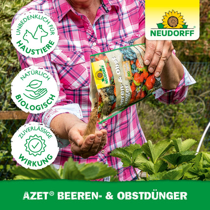 Neudorff Azet ogu un augļu mēslojums – organiskais mēslojums bagātīgākai ogu un augļu garšai un ražai ar dabisku tūlītēju un ilgtermiņa iedarbību, 1 kg, brūns