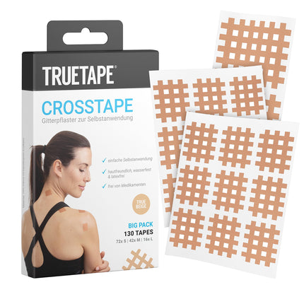 TRUETAPE Crosstapes – 130 režģveida plāksteri 3 dažādos izmēros (72x S, 42x M, 16x L), ieskaitot instrukcijas – Ūdensizturīgi un īpaši stipra fiksācija – Oriģinālie akupunktūras plāksteri – Jaukts iepakojums