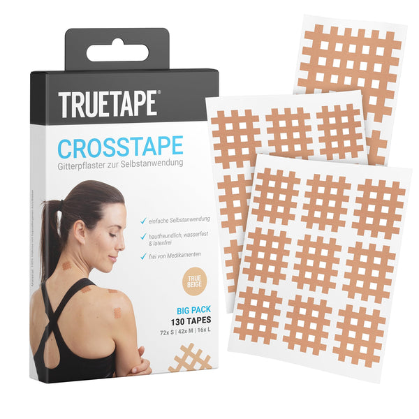 TRUETAPE Crosstapes – 130 režģveida plāksteri 3 dažādos izmēros (72x S, 42x M, 16x L), ieskaitot instrukcijas – Ūdensizturīgi un īpaši stipra fiksācija – Oriģinālie akupunktūras plāksteri – Jaukts iepakojums