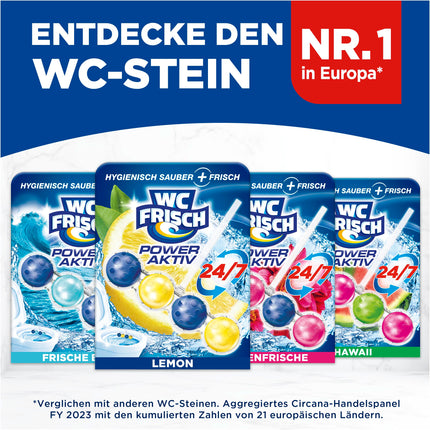WC Fresh Power Active Fragrance Rinse Lemon (10 iepakojumi), tualetes tīrīšanas līdzeklis nodrošina tīrību ar katru skalošanu, smaržakmeņi ilgstošai svaigai tualetes smaržai