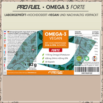 Omega-3 vegan FORTE - 60 kapsulas - 2000 mg aļģu eļļas dienā - augsta deva ar 630 mg DHA + 420 mg EPA - vegānas Omega-3 aļģu eļļas kapsulas - DHA:EPA attiecība 3:2 - laboratoriski pārbaudīts ar analīzes sertifikātu