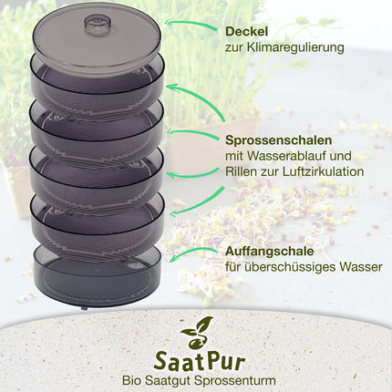 SaatPur® dīgšanas kastes komplekts ar 4 līmeņiem kā diedzēšanas ierīce: dīgļu audzēšanai un mikrozaļumu audzēšanas paplātēm. Dīgšanas kaste, diedzēšanas paplāte, diedzēšanas kaste, dīgšanas kaste, dīgšanas māja, diedzēšanas ierīce