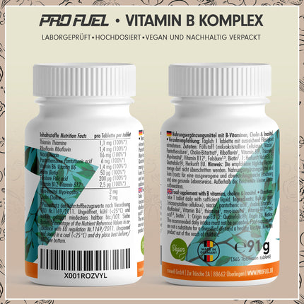 B vitamīnu komplekss 365 tabletes - B komplekss ar B12 - visi 8 B vitamīni (B1, B2, B3, B5, B6, B7, B9, B12) + kofaktori holīns un mioinozitols, laboratoriski pārbaudīts ar sertifikātu, vegāns