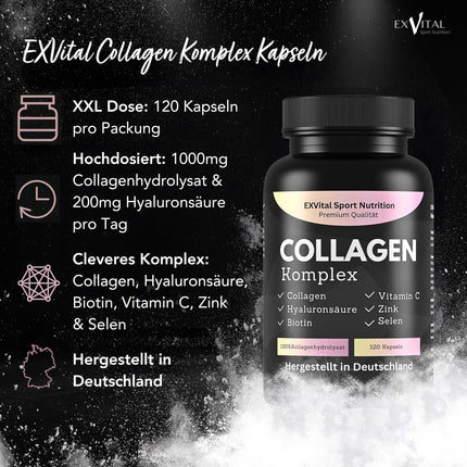 Kolagēna hialuronskābes komplekss, 120 kolagēna kapsulas no ar zāli barotas liellopu gaļas, bagātināts ar biotīnu, C vitamīnu, B2 vitamīnu, cinku un selēnu, 1000 mg kolagēna hidrolizāta dienā