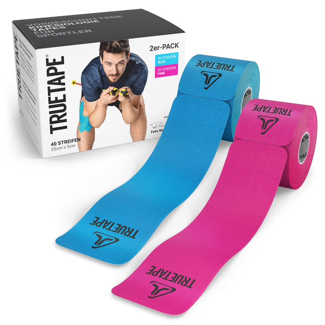 TRUETAPE® Kinesiotape – PRO Precut DUO iepakojums – 2 x 20 iepriekš sagrieztas sloksnes (25 cm x 5 cm) – Ūdensizturīgas un elastīgas kinezioteipi – Fizioteips ar spēcīgu līmi sportam – Zila un rozā