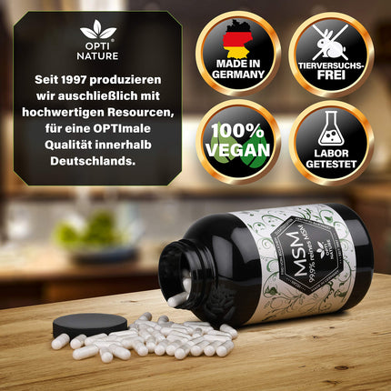 365–99,9 % tīras, augstas devas un ļoti biopieejamas MSM sēra kapsulas | Vegāns, ražots Vācijā un sertificēts | Kopš 1997. gada - OPTI NATURE