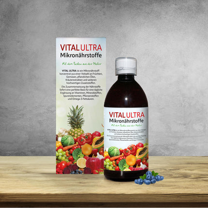 Vital Ultra - 480 ml - Mikroelementu koncentrāts ar vitamīniem, minerālvielām, mikroelementiem, augu vielām un omega-3 taukskābēm - šķidrs ēdiens, kas pagatavots no vairāk nekā 70 sastāvdaļām, līdz pat 60 porcijām