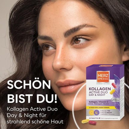 Merz Spezial Kollagen Active Duo Day &amp; Night – skaistuma kompleksa tabletes ar kolagēnu, C vitamīnu, cinku, mangānu + biotīnu – uztura bagātinātājs ar divkāršu formulu – 1 x 112 tabletes