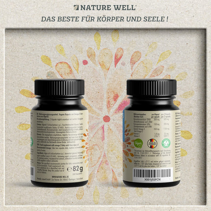 Omega-3 vegāns 60 kapsulas, augsta deva, 2000 mg Omega-3 aļģu eļļas dienā ar 600 mg DHA un 300 mg EPA, vegāna omega no ilgtspējīgas audzēšanas kā zivju eļļas alternatīva, laboratorijā pārbaudīta ar sertifikātu, NatureWell