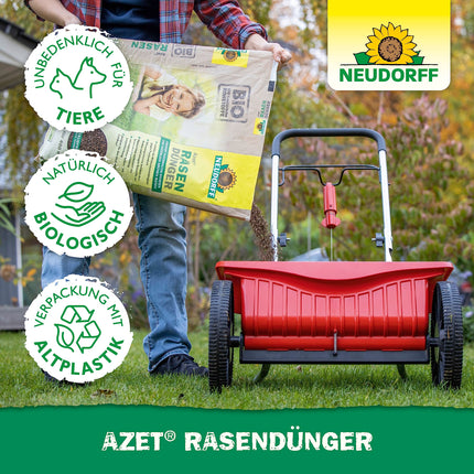 Neudorff Azet zāliena mēslojums – organiskais zāliena mēslojums 400 m² platībai nodrošina blīvu, zaļu un izturīgu zālienu ar 6 mēnešu ilgstošu efektivitāti, 20 kg, brūns