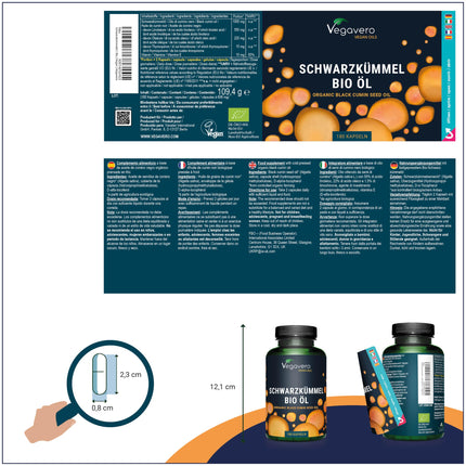 Organiskās melnās ķimenes eļļas kapsulas | Bez želatīna | 1000 mg ēģiptiešu eļļas | Linolskābe + timohinons | Vegavero® ražots Vācijā | Nigella sativa | 180 gabali