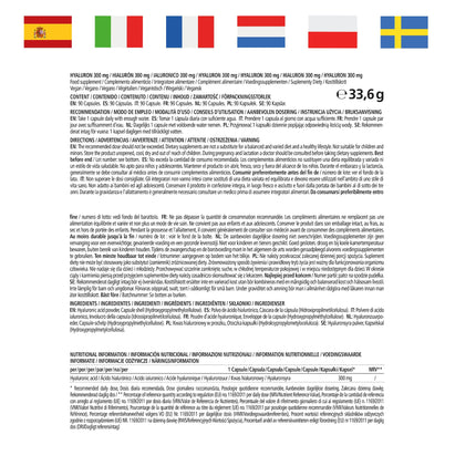 Augstas devas hialuronskābes kapsulas, 300 mg vienā kapsulā, vegānas, 3 mēnešu nepārtraukta piegāde, augsta biopieejamība: zema molekulmasa 500–700 kDa, uztura bagātinātājs bez piedevām, ražots Vācijā