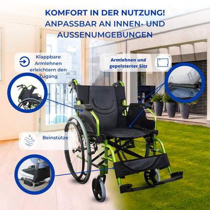 Mobiclinic®, Ratiņkrēsls, Bolonia, Alumīnijs, Salokāms un viegls, Salokāma dalīta atzveltne, Noņemams kāju balsts, Roku balsti, Pieaugušajiem, Zaļš