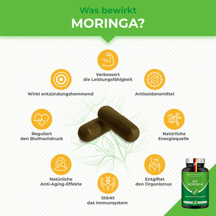 MORINGA Oleifera kapsulas | BIOLOĢISKI Sertificēts BEZ piedevām | Ražots Vācijā | Enerģijas tabletes 4 mēnešu krājumā | SUPERĒDIENS 100% VEGĀNS