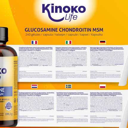 Kinoko life glikozamīns un hondroitīns – 240 kapsulas ar MSM, jūras kolagēnu, hialuronskābi, kurkumu, melnajiem pipariem, ingveru, bosvēliju un kvercetīnu. Locītavām, skrimšļiem un kauliem