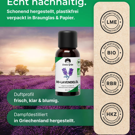 Emma Grün® organiskā lavandas ēteriskā eļļa [100% tīra] - sertificēta pārtikas produkts iekšķīgai lietošanai - organiskā lavandas ēteriskā eļļa - Ēteriskā eļļa 30 ml - lavandas smaržu eļļa aromterapijai