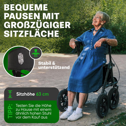 Rullītis lietošanai ārpus telpām ar pneimatiskajām riepām, ērtu sēdekli un atzveltni - izturīgs, viegls un salokāms. Pieejamais viscaurgājēju rollators titāna melnā krāsā