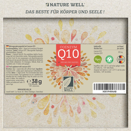 Q10 kapsulas ar lielu devu 120x ar 200 mg koenzīma Q10 vienā kapsulā, augstas kvalitātes vegānisks koenzīms Q10 no fermentācijas, bez nevēlamām piedevām, piegādā 4 mēnešus - NatureWell